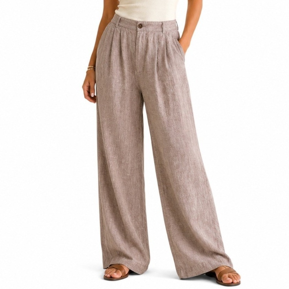 Wide Leg Lightweight Pants Women XL Brown Pleated High Rise Trousers Flowy Cool - Picture 1 of 11